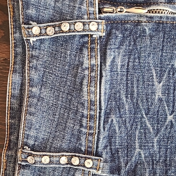 UPCYCLED Blue Black Patchwork Distressed Denim Skirt Wmns 13/14 Waist 32 Boho - Picture 3 of 16